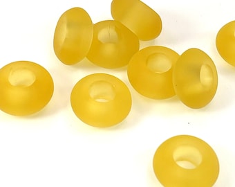 Large Hole Rondelle Beads, 14x8mm, 6mm Hole, Desert Gold, Yellow, With Frosted Matte Sea Glass Finish, Cable Style Beads