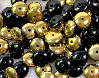 Disk Beads, 6mm, Half Jet Black and Half Gold w/ Glosss Finish, Preciosa Beads Accent Beads, Spacer Beads, Coin Beads, 50 Pieces