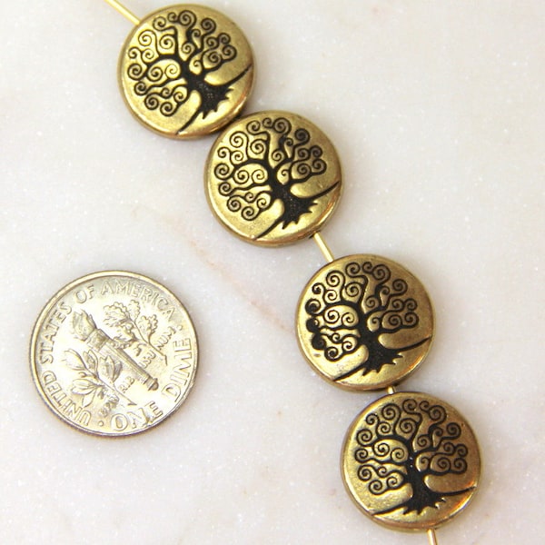 Round PuffedTree Of Life Beads, TierraCast 15mm. Beads, Double Sided, Jewelry Findings, 15 mm Beads, Antique Brass Plated