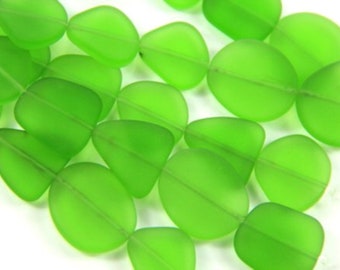 Freeform Flat Beads, Large Size 22x25mm., Shamrock Green, Sea Glass Beads, Translucent, Frosted Matte Finish, 5 Pieces