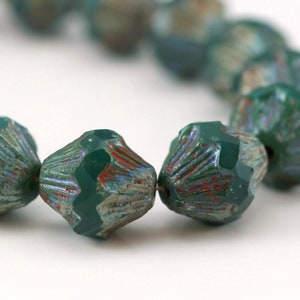Large Bicone Glass Beads, 11 x 13 mm., Emerald With Picasso Finish, Accent Beads, Precoisa Czech Beads, 0176