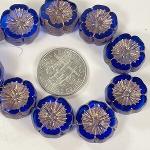 Hawaiian Flower Beads, Sapphire Blue w/Bronze and Etched Finish, Flower Beads, Czech Glass Beads, 14 mm,. 10 Pieces image 10