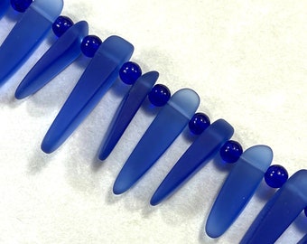 Tusks, Dagger, Spike Beads, 25X6mm, Royal Blue,  Frosted Matte Sea Glass Finish, Beach Glass Tusk Beads, Side drilled, 20 Pieces