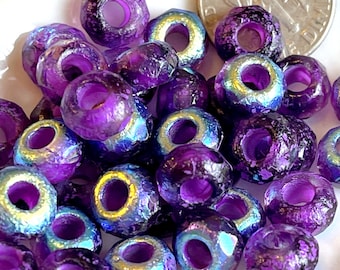 Faceted Rondelle Beads, Large Hole Beads, 9mm w/3mm hole, Purple Pansy w/Purple Wash and AB Finish, Pony Beads, Roller Beads, 134