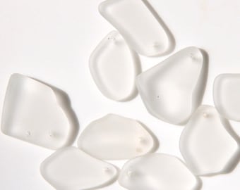 Free Form Flat Pendant Bead, Crystal White w/Frosted Matte Sea Glass Finish, Size 13-20x24-26mm, 6 Pieces