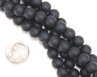 8mm. Round Beads, Opaque Jet Black With Frosted Matte Sea Glass Finish, Beach Glass Sea Glass Beads, 26 Pieces