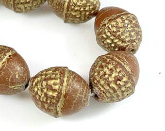 Fancy 12mm. Acorn Beads, Brown  w/ Matte Finish,w/Metallic Gold Wash, 8 beads