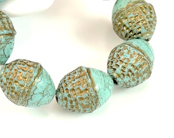 Fancy 12mm. Acorn Beads,  Sky Blue w/ Matte Finish w/Metallic Gold Wash, 8 beads