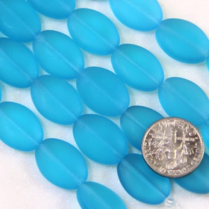 Small Oval Puffed Beads, 18x13mm, Turquoise Blue With Frosted Matte Sea Glass Finish, 6 Pieces Per Strand