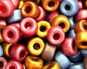 Pony Beads , 9mm w/3.5mm Hole, Matte Metal Mix, Blue, Fuchsia, Purple & Copper, Roller Beads, Czech Glass Beads, Large Hole Beads