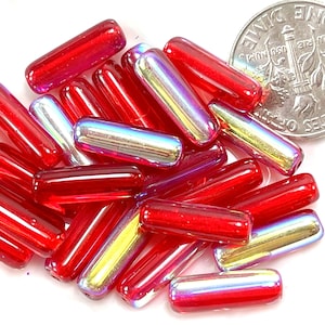 Long Tube Beads, 14x4mm, Ruby Red  w/Glossy  AB Finish, Czech Glass Tube Beads, 25 Pieces