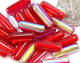 Long Tube Beads, 14x4mm, Ruby Red  w/Glossy  AB Finish, Czech Glass Tube Beads, 25 Pieces
