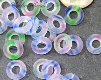 Preciosa  Ring Beads, 9 mm w/ 4 mm Hole, Stripes w/Matte, Frosted, Sea Glass Finish Large Hole Beads, Czech Beads