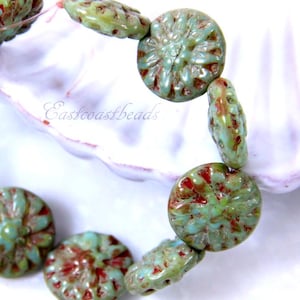 Dahlia Flower Coin Beads, 14mm, Sage Green w/Yellow & Picasso Finish, Czech Beads, Accent Beads, Spacers, Side Drilled Beads, 10 Pcs