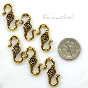TierraCast Spiral S Hook Clasps, Antiqued Gold Plated Lead Free Pewter, Leather Findings, Clasps