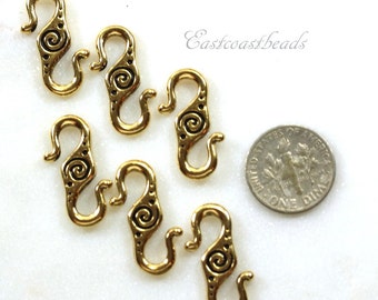 TierraCast Spiral S Hook Clasps, Antiqued Gold Plated Lead Free Pewter, Leather Findings, Clasps