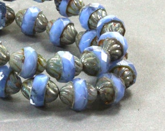 Turbine Fire Polished Czech Glass Beads, 10 x 11 mm, Cornflower w/ Picasso Fiinish, 10x11mm, Czech Beads, 6 Pieces, 0166