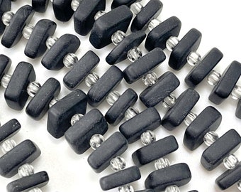 Square Spacer Beads, 8x9mm, Jet Black With Frosted Matte Sea Glass Finish, Cultured Sea Glass Beads, 25 Pieces