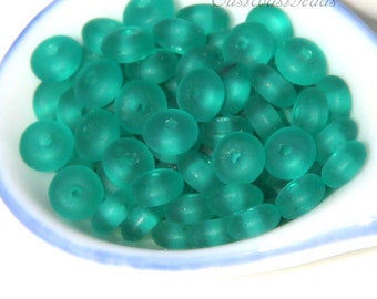 Tiny 4 mm. Spacers, Heishi, Discs, 4mm. ,Emerald Green, With Frosted, Sea Glass Finish, Spacer Disk Beads, Glass Hieshi Beads, 50 Pieces