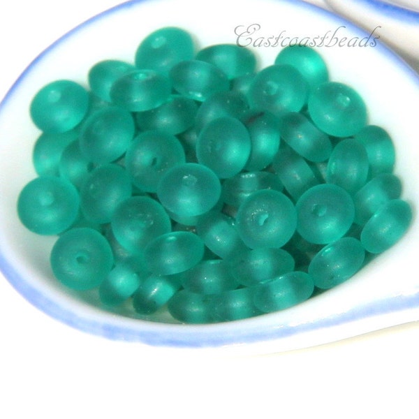 Tiny 4 mm. Spacers, Heishi, Discs, 4mm. ,Emerald Green, With Frosted, Sea Glass Finish, Spacer Disk Beads, Glass Hieshi Beads, 50 Pieces