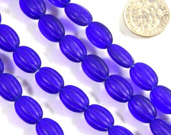 Oval Beads, 12mm, Cobalt Blue w/Tumbled  Finish, Oval Ribbed Melon Beads, 12mm, Oval Melon Beads, Accent Beads, Czech Beads, 12 Pieces