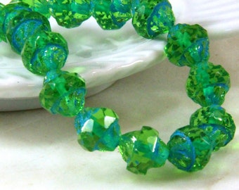 Turbine Czech Glass Beads, 11 x 13 mm, Kelly Green w/Etched And Turquoise Wash, Saucer Beads, Czech Beads, 15 PIeces