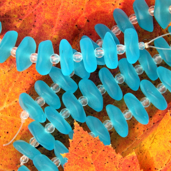 Ruffle Beads, 5 X 14mm, Turquoise Blue With Frosted Matte Sea Glass Finish, Cultured Sea Glass, Button Spacer Beads, 10 Pieces