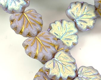 Leaf Beads, Maple Leaf Beads, Thistle w/ Matte and AB Finish, Length Drilled, 13x10mm, Czech Glass Beads, 20 Pieces