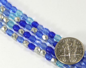 Faceted Round Beads, 4 mm Round Beads, Sapphire, Dark Blue And Silver w/Fire Polished Finish, 4mm Accent Beads, Spacer Beads, 40 Pieces