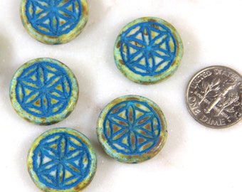 Flower Of Life Coin Beads, 18 mm., Focal Bead, White w/Picasso Finish and Turquoise Wash, Vertical Drilled, Premium Czech Glass Beads