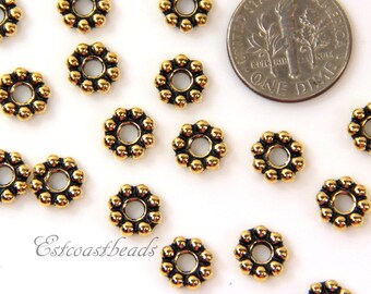 TierraCast Daisy Large Hole Beads, Large Hole Beads, 8mm w/2mm Hole, SpacersBeads, Daisy Beads, 8 mm, Antiqued Gold Plated, 10 Pieces