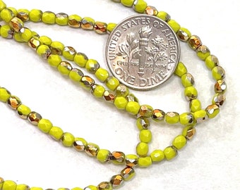 Faceted Round Czech Beads, Peridot w/Gold AB Finish, 3mm, 50 Pieces