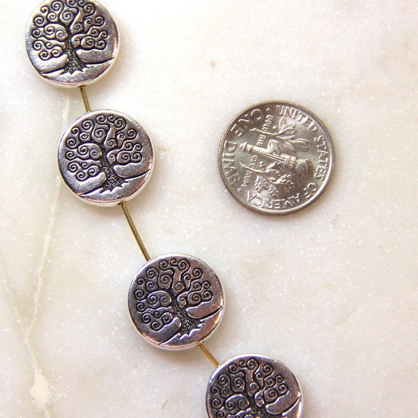 TierraCast Round PuffedTree Of Life Beads, 15mm. Beads, Double Sided, Jewelry Findings, 15 mm Beads, Antique Silver Plated, 4 pieces