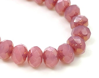 Rondelle Glass Beads, 8x6mm, Rosewood Pink and Gold Finish, Opaque 8 x 6 mm Rondelle Beads, Czech Glass, 25 Pieces