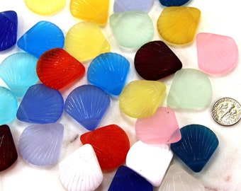 Large Clam Shell Pendant Beads, w/Frosted Matte Sea Glass Finish, 29x27mm, YOU PICK COLOR, 2 Pieces.