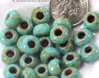 Rondellepärlor, Stora hålpärlor, 9 mm med 3 mm hål, Havsgrön med Picasso-finish, Ponnypärlor, Rullpärlor, 16