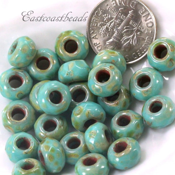 Rondelle Beads, Large Hole Beads, 9mm w/3mm hole, Sea Green w/Picasso Finish, Pony Beads, Roller Beads, 16