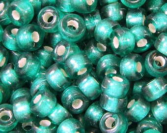 Ponykralen, 6 mm met gat van 2 mm, groenblauw met zilveren voering/glanzende afwerking, Tsjechische glaskralen, kralen met groot gat, accentkralen, 50 stuks, 143
