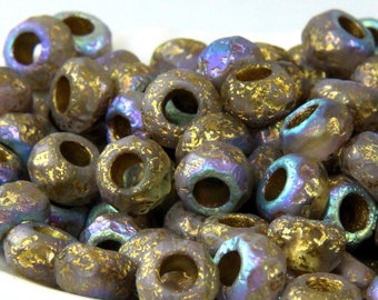 Pony Beads, 9x6mm w/3mm Hole, Thistle (Metallic Purple) w/ Gold Wash, Etched AB Finish, Large Hole Beads, Czech Beads, 236