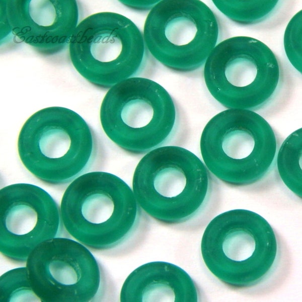 Donut Ring Beads, 9mm w/4mm Hole, Emerald Green w/Matte, Frosted, Sea Glass Finish Large Hole Beads, Preciosa Czech Beads,  20 Beads