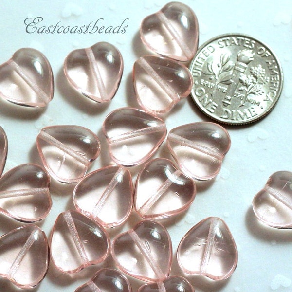 Heart Beads, 12 x 11 mm, Transparent Pink, Puffed Heart Shaped Beads, Czech Glass Beads, Jewelry Making Supplies, 15 Pieces