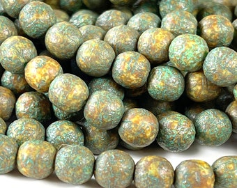 Round Druk Beads, 6mm.,Tea Green And Yellow w/Etched AndPicasso Finish w/Turquoise Wash, Petite  Beads, Spacers. 30 beads