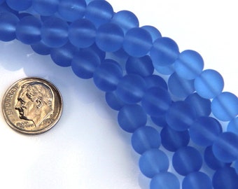 8mm. Round Beads, Light Sapphire, Blue With Frosted Matte Sea Glass Finish, Beach Glass Sea Glass Beads, 26 Pieces