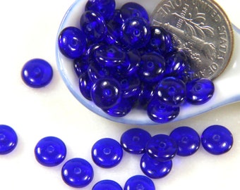 Coin Beads, 6mm, Cobalt Blue w/Glossy Finish, Petite Flat Spacer, Heishi, Discs, Czech Glass, 6 mm, Center Drilled Beads, 50 Pieces