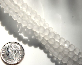 4mm Round Glass Beads, Crystal White With Frosted Matte Sea Glass Finish, Sea Glass Beads, 46 Beads