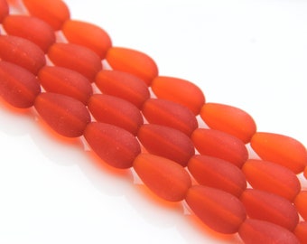 Cuentas de lágrima, color naranja mandarina, 16 x 10 mm, vidrio marino, vidrio de playa, cuentas de lágrima, 6 piezas