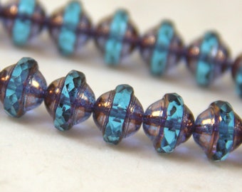 Saturn Rondelle Beads, Czech Glass, 10 x 8 mm, Medium Sky Blue w/Bronze Fiinish 10x8mm Sauturn Beads, Czech Beads, 25 Pieces