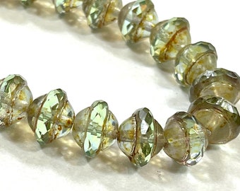 Saturn Rondelle Beads, Tea Green Transparent Glass w/Picasso Finish 10x8mm Sautrn Beads, Czech Beads, 25 Pieces