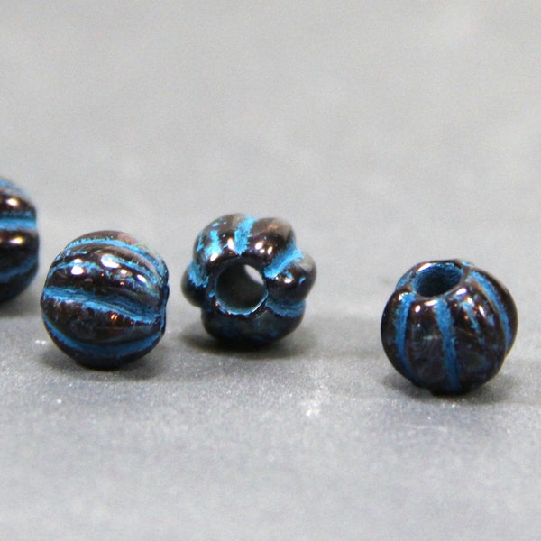 Large Hole 8 mm Fluted Boho Melon Roller Beads With 3 mm Hole, Opaque Black With Bronze Finish And Turquoise Wash, 228