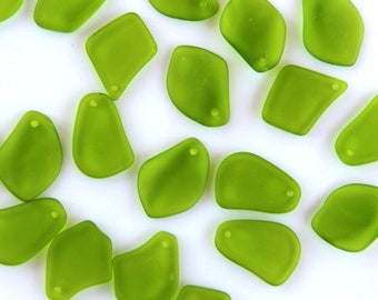 Free Form Flat Pendant Bead, Olive Green w/Frosted Matte Sea Glass Finish, Size 13-20x24-26mm, 6 Pieces